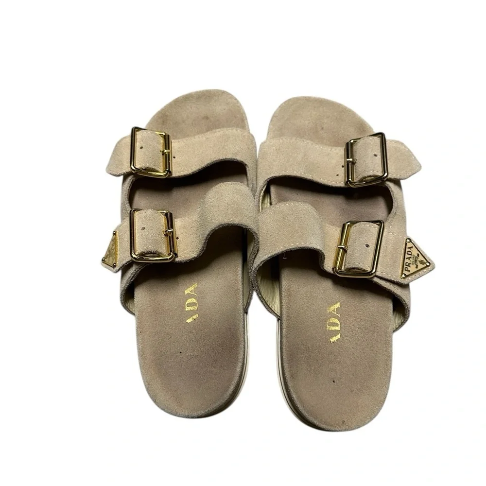 Prada Beige Suede Sandals with Gold Buckles, sz 37 pre-owned